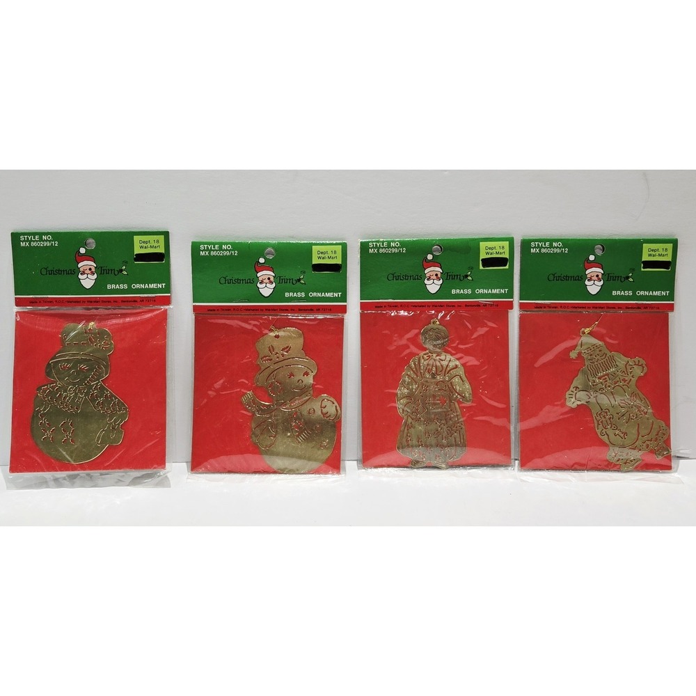 Vintage Lot 4 Christmas Trim Ornaments Brass Santa Mrs Claus Snowman  New NIP